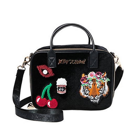 Betsey Johnson Eclectic Appliques Velvet Crossbody Lunch Tote,