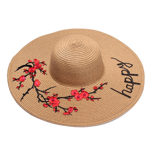 Fashion Culture 'Happy' Floral Applique Wide Brim Sun Hat
