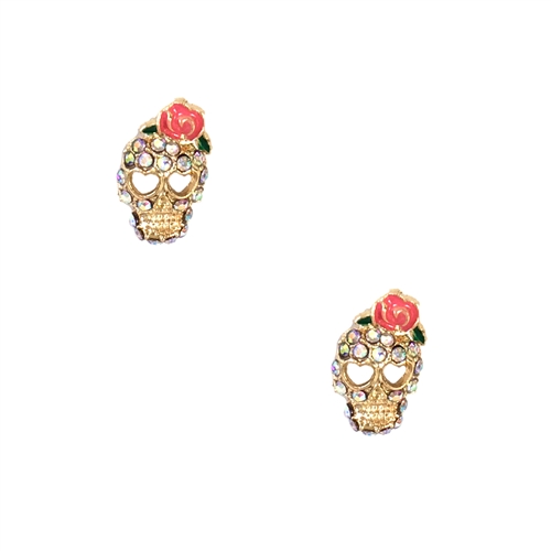 Jewelry Collection Rose Skull Pave Stud Earrings