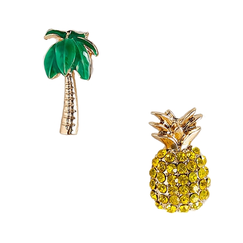 Tropical Palm Tree & Pineapple Mismatch Stud Earrings