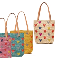 Mar Y Sol Amelie II Hearts Crocheted Raffia Straw Mini Tote Bag