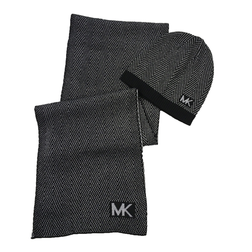Michael Kors Metallic Chevron MK Block Logo Scarf & Beanie Hat Set