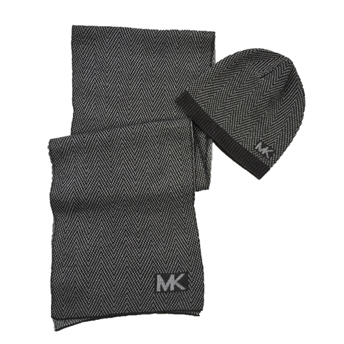 Michael Kors Metallic Chevron MK Block Logo Scarf & Beanie Hat Set