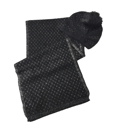 Alex Max Silver Metallic Knit Scarf & Faux Fur Pom Pom Hat Set