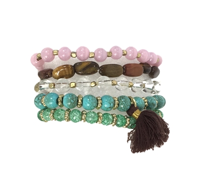 Zad Jewelry Set of 5 Stone & Tassel Stretch Bracelets