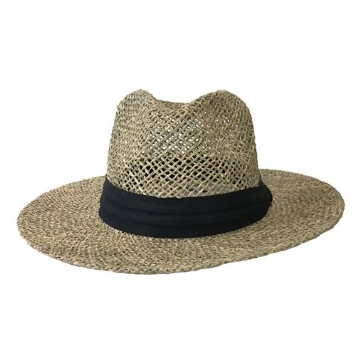 Blue Island Open Weave Straw Fedora Hat Grosgrain Ribbon