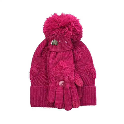 Betsey Johnson Heart Pom Pom Hat & Knit Glove Set