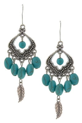 Leaf & Turquoise Bead Drop Earrings