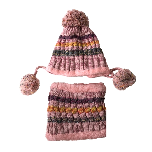 Striped Knit Fleece Lined Pom Pom Hat & Neck Warmer Set