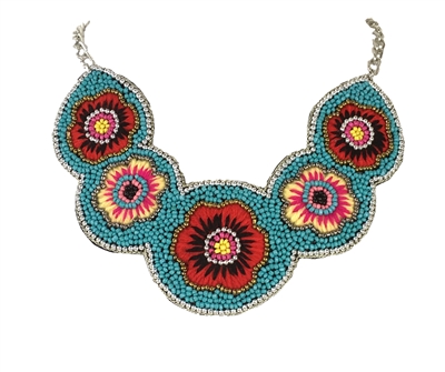 Zad Jewelry Embroidered Flower Beaded Bib Necklace, Multi
