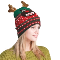 Ugly Christmas Reindeer Knit Beanie Hat w 3D Antlers