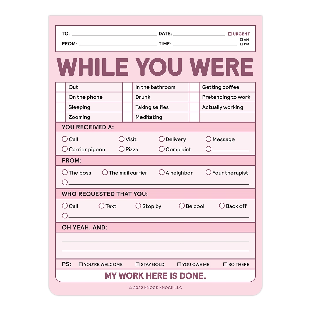 Knock Knock While You Were Nifty Note Memo Pad, Pastel Pink