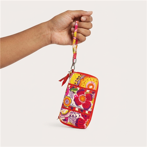 Vera Bradley Mini Wristlet Wallet, Clementine Pink Yellow Floral Quilted Cotton Handheld Organizer Purse With External ID Window Removable Strap Small Zip Cardholder 5.5 Inch