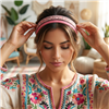 Vera Bradley Blush Half Moon two piece stretch headband set featuring one light pink multicolor half moon print headband and one coordinating darker pink patterned headband.