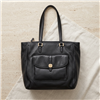 Tory Burch black pebbled Italian leather shopper tote bag with dual shoulder handles, goldtone logo hardware and large front flap pocket.