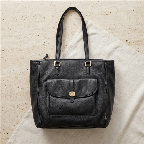 Tory Burch black pebbled Italian leather shopper tote bag with dual shoulder handles, goldtone logo hardware and large front flap pocket.