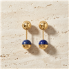 Tory Burch gold tone ear jacket earrings with polished round tops, blue sodalite bead accents and signature T logo detailing, measuring approximately 1 inch long.