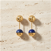 Tory Burch gold tone ear jacket earrings with polished round tops, blue sodalite bead accents and signature T logo detailing, measuring approximately 1 inch long.