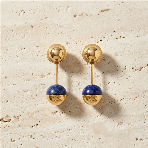 Tory Burch gold tone ear jacket earrings with polished round tops, blue sodalite bead accents and signature T logo detailing, measuring approximately 1 inch long.