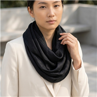 Tory Burch Stacked T Jacquard black infinity scarf with tonal signature logo pattern, soft draped loop silhouette, and monochromatic designer finish.