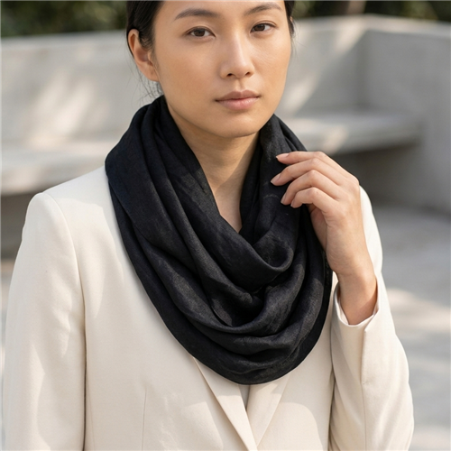Tory Burch Stacked T Jacquard black infinity scarf with tonal signature logo pattern, soft draped loop silhouette, and monochromatic designer finish.