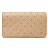 Tory Burch Fleming Goan Sand leather evening clutch with diamond quilting, allover gold tone studs, front logo medallion, and structured rectangular silhouette.