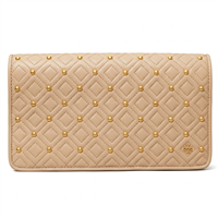 Tory Burch Fleming Goan Sand leather evening clutch with diamond quilting, allover gold tone studs, front logo medallion, and structured rectangular silhouette.