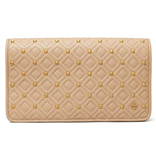 Tory Burch Fleming Goan Sand leather evening clutch with diamond quilting, allover gold tone studs, front logo medallion, and structured rectangular silhouette.