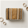 Tory Burch Kira Whipstitch mini crossbody bag in hazel brown suede with black and white stitched detailing, gold tone logo hardware, and removable chain accented shoulder strap.