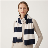 Tory Burch Sport Broad-Stripe Tech Knit Scarf, Viscose Blend Travel Wrap for Women, Wrinkle-Resistant Seventies Inspired Navy White Striped Winter Accessory