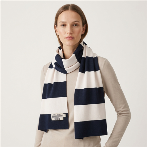 Tory Burch Sport Broad-Stripe Tech Knit Scarf, Viscose Blend Travel Wrap for Women, Wrinkle-Resistant Seventies Inspired Navy White Striped Winter Accessory