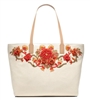 Tory Burch Rodeo Tote, Bohemian Chic Canvas Carryall For Women, Large Floral Beaded Shoulder Handbag Leather Trim 19 Inch Oversized Travel Purse