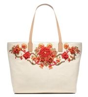 Tory Burch Rodeo Tote, Bohemian Chic Canvas Carryall For Women, Large Floral Beaded Shoulder Handbag Leather Trim 19 Inch Oversized Travel Purse