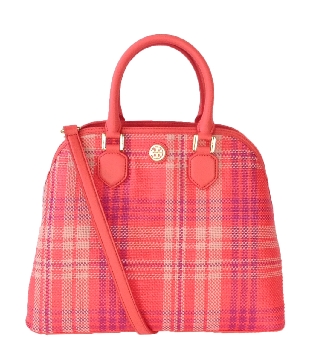 Tory Burch Robinson Plaid Large Open Dome Satchel, Poppy Coral/Carnation