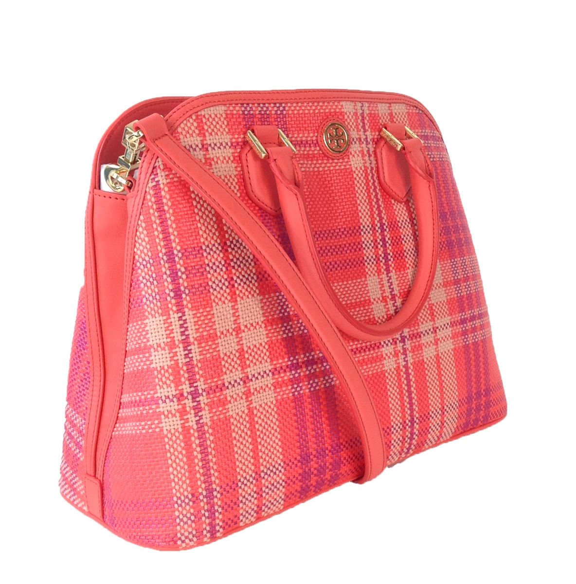 Tory Burch Robinson Plaid Large Open Dome Satchel, Poppy Coral/Carnation