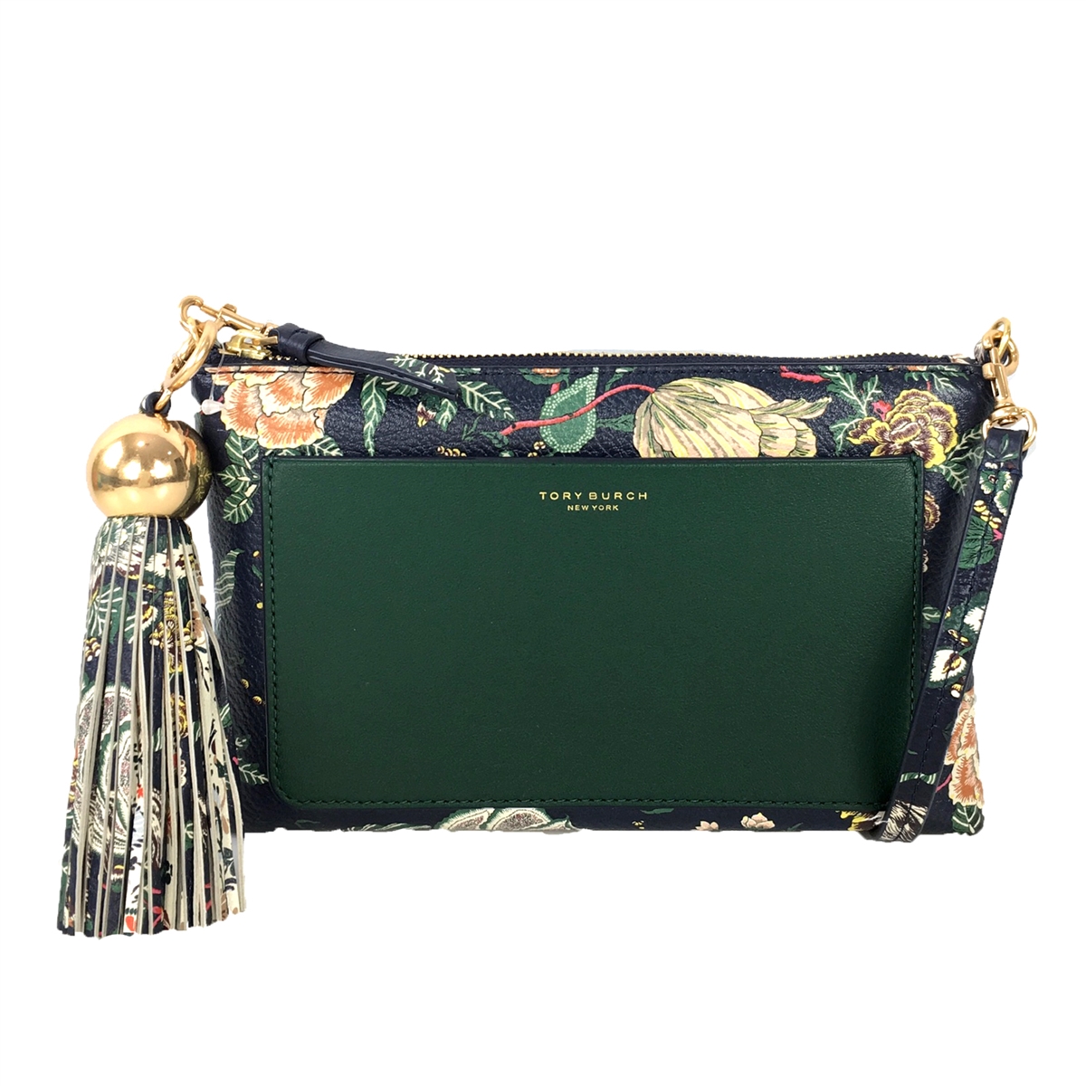 Tory Burch Floral Leather Tassel Clutch Crossbody, Navy Small Happy Times