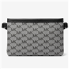Michael Kors XL belt bag featuring gray and black signature MK logo print, black leather trim, silver tone hardware, zip top closure, and adjustable strap for waist or crossbody wear, fitting waist sizes approximately 38 to 40 inches.