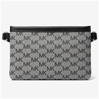 Michael Kors XL belt bag featuring gray and black signature MK logo print, black leather trim, silver tone hardware, zip top closure, and adjustable strap for waist or crossbody wear, fitting waist sizes approximately 38 to 40 inches.