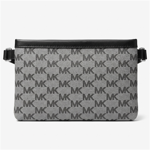 Michael Kors XL belt bag featuring gray and black signature MK logo print, black leather trim, silver tone hardware, zip top closure, and adjustable strap for waist or crossbody wear, fitting waist sizes approximately 38 to 40 inches.