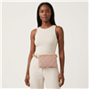 Michael Kors small belt bag featuring a soft pink signature MK logo print, coordinating leather trim, gold tone hardware, zip top closure, and adjustable strap for waist, shoulder, or crossbody wear.