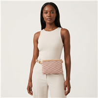 Michael Kors small belt bag featuring a soft pink signature MK logo print, coordinating leather trim, gold tone hardware, zip top closure, and adjustable strap for waist, shoulder, or crossbody wear.