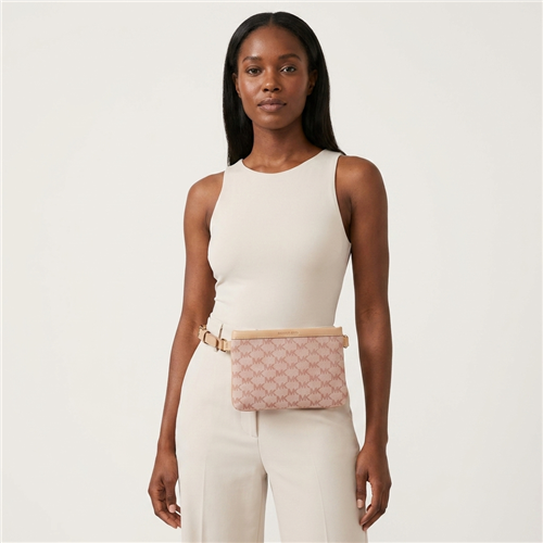 Michael Kors small belt bag featuring a soft pink signature MK logo print, coordinating leather trim, gold tone hardware, zip top closure, and adjustable strap for waist, shoulder, or crossbody wear.