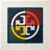 Tory Burch 21 inch multicolor silk square scarf with oversized geometric logo design in navy, burgundy, green, black, yellow, orange, cream, pale blue, and teal border.