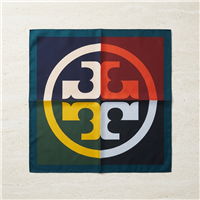 Tory Burch 21 inch multicolor silk square scarf with oversized geometric logo design in navy, burgundy, green, black, yellow, orange, cream, pale blue, and teal border.