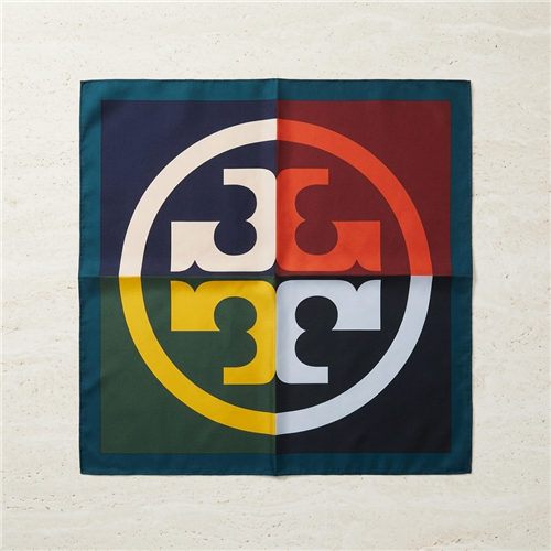 Tory Burch 21 inch multicolor silk square scarf with oversized geometric logo design in navy, burgundy, green, black, yellow, orange, cream, pale blue, and teal border.