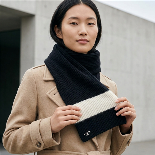 Tory Burch black merino wool ski scarf with contrasting white mohair stripe, ribbed knit texture, and small logo detail, measuring approximately 70 x 9 inches.
