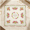 Tory Burch Garden Veil 21 inch white silk square scarf with red and pink roses, yellow flowers, green botanical details, central logo motif, and pink scalloped border.
