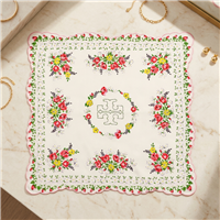 Tory Burch Garden Veil 21 inch white silk square scarf with red and pink roses, yellow flowers, green botanical details, central logo motif, and pink scalloped border.