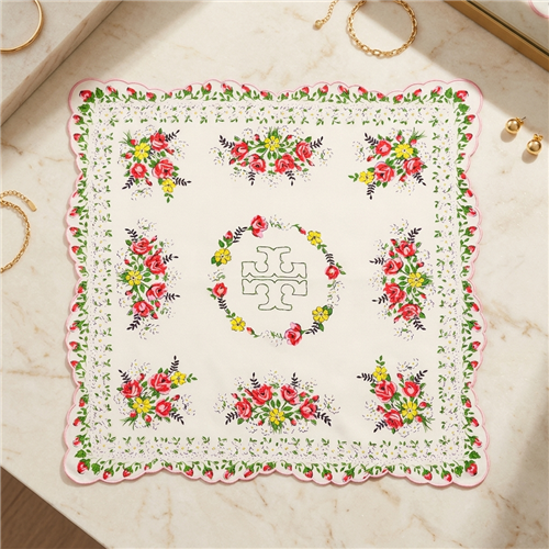 Tory Burch Garden Veil 21 inch white silk square scarf with red and pink roses, yellow flowers, green botanical details, central logo motif, and pink scalloped border.