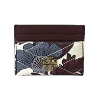 Tory Burch Kira Chevron floral leather ID card holder in Imperial Garnet Vine print with burgundy, cream, and blue gray flowers, card slots, stitching, and Double T hardware.